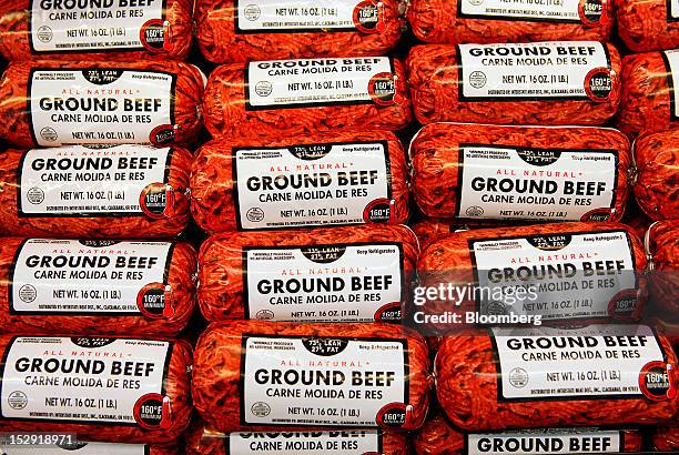 Rolls of ground beef are displayed for sale during the grand opening of a Wal-Mart Stores Inc. Location in Panorama City, California, U.S., on...