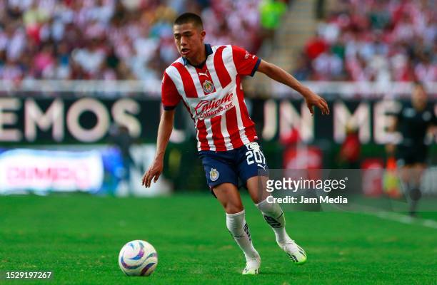 Yael Padilla of Chivas drives the ball during the 2nd round match between Chivas and Atletico San Luis as part of the Torneo Apertura 2023 Lig MX at...