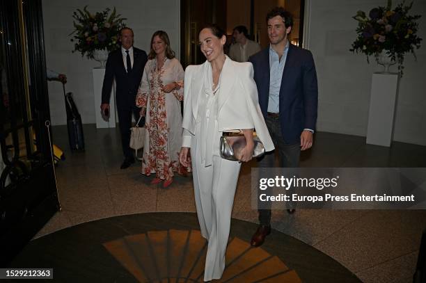 Tamara Falco and Iñigo Onieva leave the Ritz Hotel after celebrating their pre-wedding accompanied by Chabeli Iglesias on July 7, 2023 in Madrid,...