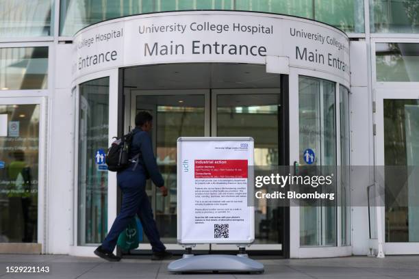 Sign warning of industrial action outside an entrance to University College Hosptial in London, UK, on Thursday, July 13, 2023. Tens of thousands of...