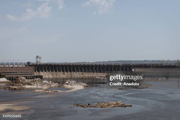 General view of the Dnipro dam as the reservoirs are dry after the explosion of Nova Kakhovka dam, in Zaporizhzhia, Ukraine on July 5, 2023. 150...