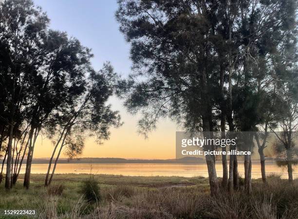 July 2023, Australia, Wyong: Soccer, World Cup, women, first training day of the German national team: sunset at Lake Tuggerah near the team hotel of...