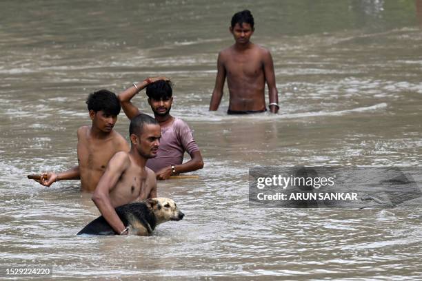 Man carries a dog to a safer place after river Yamuna overflowed following heavy monsoon rains in New Delhi on July 13, 2023. Days of relentless...