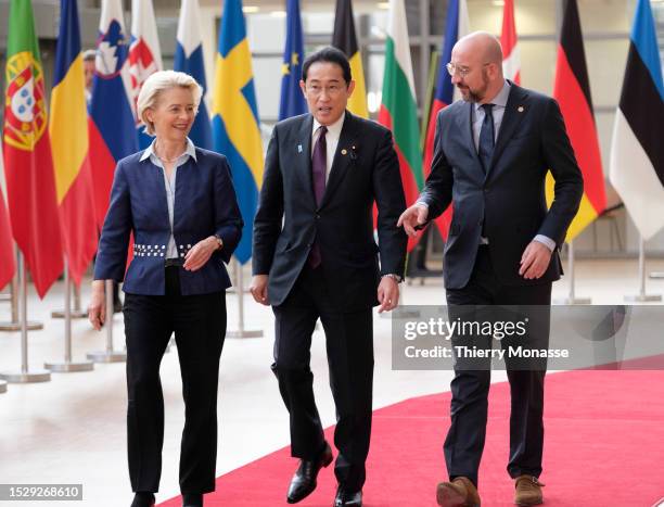 President of the European Commission Ursula von der Leyen and the EU Council President Charles Michel welcome the Prime Minister of Japan Fumio...