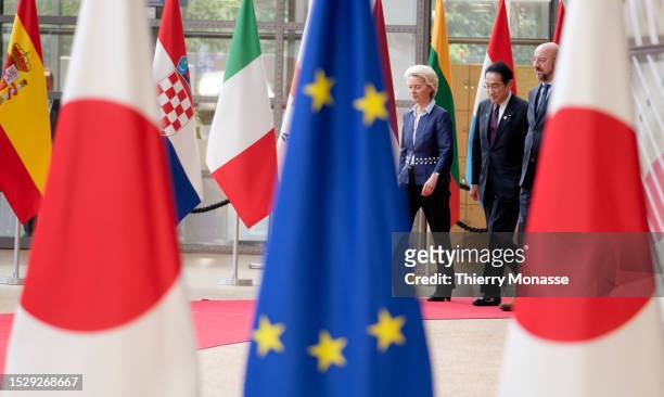 President of the European Commission Ursula von der Leyen and the EU Council President Charles Michel welcome the Prime Minister of Japan Fumio...