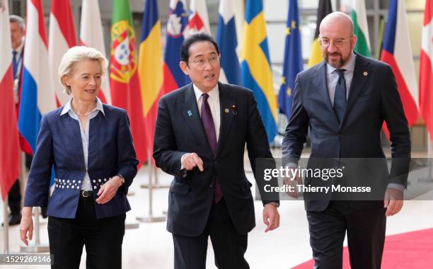 President of the European Commission Ursula von der Leyen and the EU Council President Charles Michel welcome the Prime Minister of Japan Fumio...