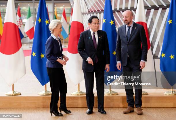 President of the European Commission Ursula von der Leyen and the EU Council President Charles Michel welcome the Prime Minister of Japan Fumio...