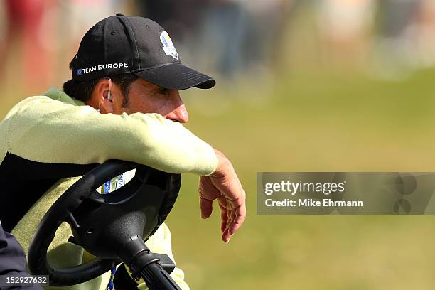 European team captain Jose Maria Olazabal watches the action during the Afternoon Four-Ball Matches for The 39th Ryder Cup at Medinah Country Club on...