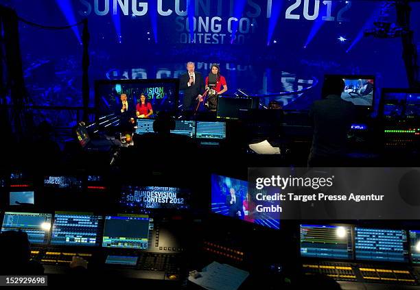 Stefan Raab and Sandra Riess hosts the 'Bundesvision Song Contest 2012' at the Max-Schmeling-Halle on September 28, 2012 in Berlin, Germany.