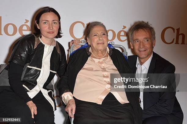 Judith Clark, Gaby Aghion and Geoffroy de la Bourdonnaye attend The Chloe 60th Anniversary Celebration at Palais De Tokyo on September 28, 2012 in...