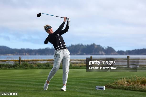 Charley Hull of England plays her tee shot on the 18th hole during the final round of the 78th U.S. Women's Open at Pebble Beach Golf Links on July...