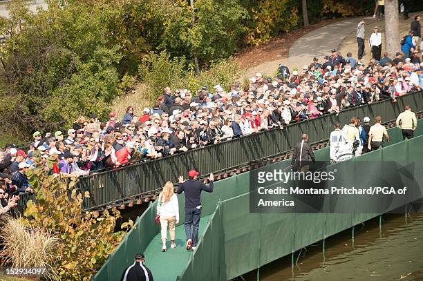 Ryder Cup US team member Keegan Bradley with his girlfriend Jillian Stacey during the Morning Foursomes Matches for the 39th Ryder Cup at Medinah...
