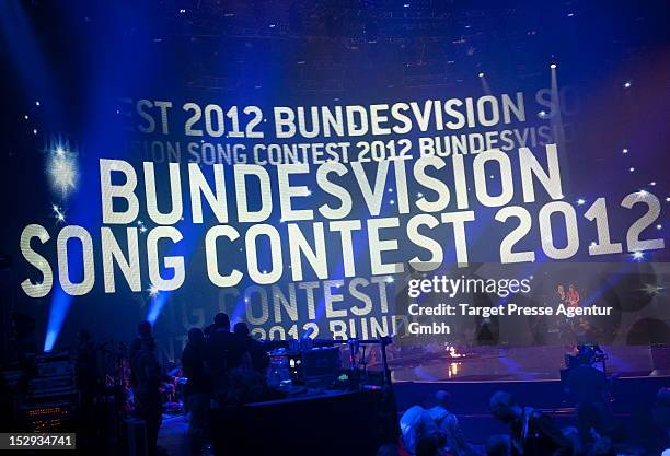 Stefan Raab and Sandra Riess hosts the 'Bundesvision Song Contest 2012' at the Max-Schmeling-Halle on September 28, 2012 in Berlin, Germany.