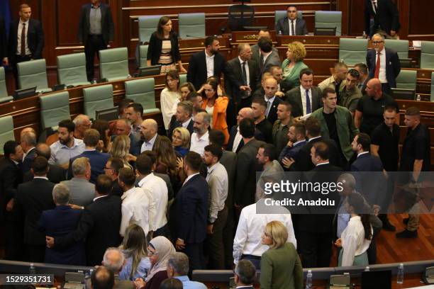 Fight breaks out between the opposition and ruling parliament members while Kosovan Prime Minister Albin Kurti was giving a speech at the Assembly of...