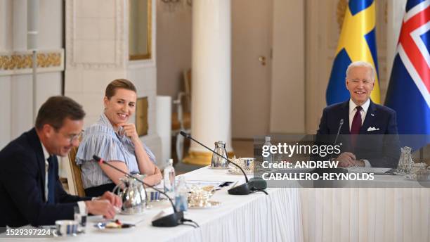 Sweden's Prime Minister Ulf Kristersson, Denmark's Prime Minister Mette Frederiksen and US President Joe Biden attend the US-Nordic Leaders' Summit...