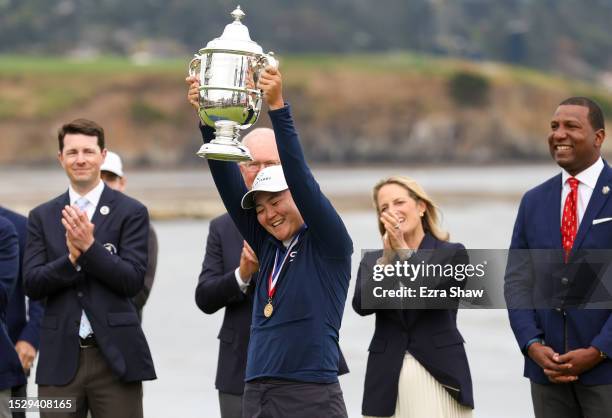 Allisen Corpuz of the United States celebrates with the Harton S. Semple Trophy during the trophy presentation after winning the 78th U.S. Women's...