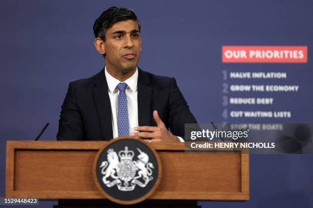 Britain's Prime Minister Rishi Sunak speaks at a press conference at Number 9 Downing Street on public sector pay in London on July 13, 2023. There...