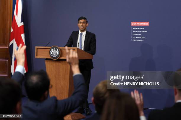 Britain's Prime Minister Rishi Sunak takes questions from members of the media at a press conference at Number 9 Downing Street on public sector pay...