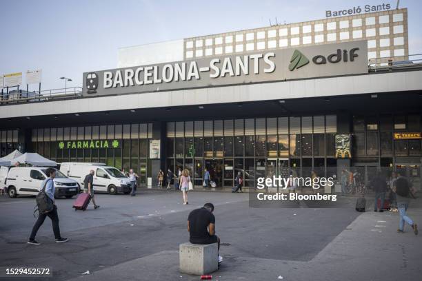 Passengers outside the Sants railway station in Barcelona, Spain, on Thursday, July 13, 2023. Spain's AVE , Europe's most extensive high-speed...