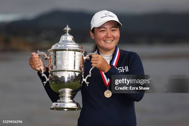 Allisen Corpuz of the United States celebrates with the Harton S. Semple Trophy after winning the 78th U.S. Women's Open at Pebble Beach Golf Links...