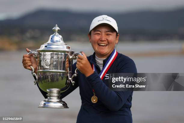 Allisen Corpuz of the United States celebrates with the Harton S. Semple Trophy after winning the 78th U.S. Women's Open at Pebble Beach Golf Links...