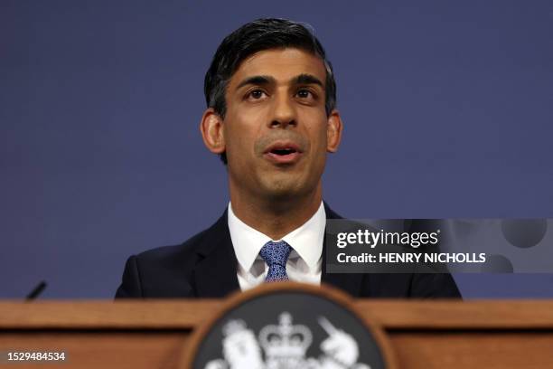 Britain's Prime Minister Rishi Sunak speaks at a press conference at Number 9 Downing Street on public sector pay in London on July 13, 2023. There...