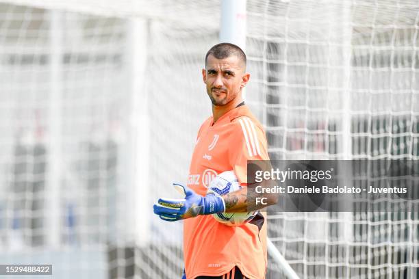 Mattia Perin of Juventus during a training session at JTC on July 13, 2023 in Turin, Italy.