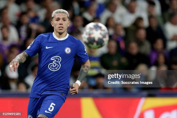 Enzo Fernandez of Chelsea FC during the UEFA Champions League match between Real Madrid v Chelsea at the Estadio Santiago Bernabeu on April 12, 2023...