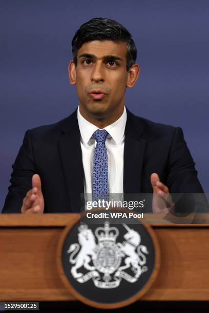 British Prime Minister Rishi Sunak speaks at a press conference at 9 Downing Street on July 13, 2023 in London, England. There have been walk-outs...