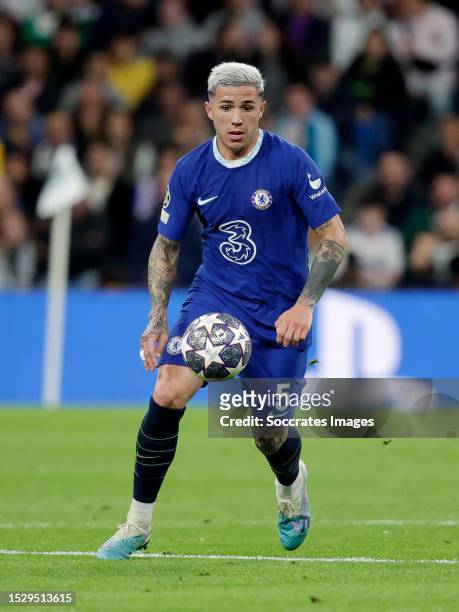 Enzo Fernandez of Chelsea FC during the UEFA Champions League match between Real Madrid v Chelsea at the Estadio Santiago Bernabeu on April 12, 2023...