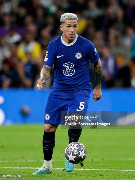 Enzo Fernandez of Chelsea during the UEFA Champions League match between Real Madrid v Chelsea at the Estadio Santiago Bernabeu on April 12, 2023 in...