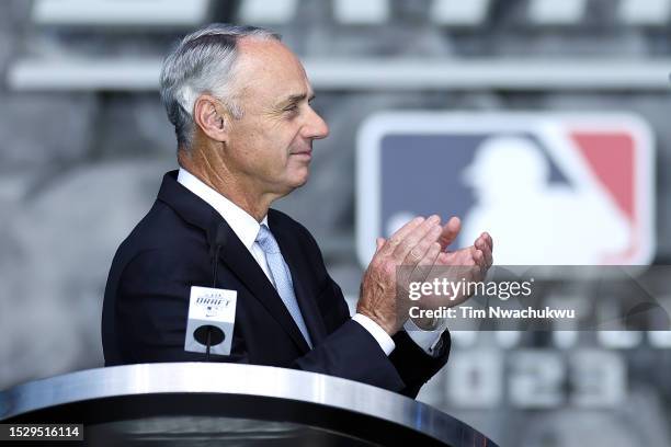 Major League Baseball commissioner Rob Manfred reacts during the first round of the 2023 MLB Draft presented by Nike at Lumen Field on July 09, 2023...