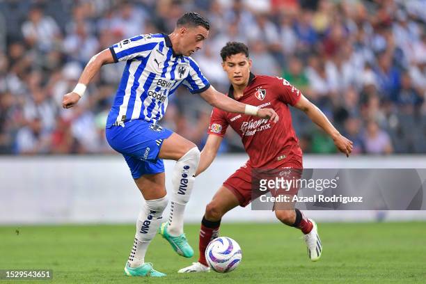 Rogelio Funes Mori of Monterrey fights for the ball with Ángel Márquez of Atlas during the 2nd round match between Monterrey and Atlas as part of the...