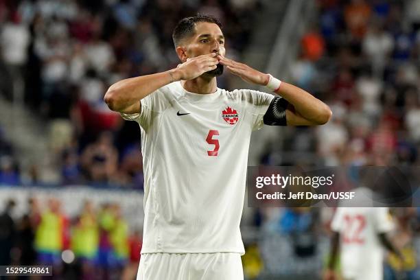 Steven Vitoria of Canada celebrates after scoring a goal on a penalty kick during the second half of the Quarterfinal match in the 2023 Concacaf Gold...