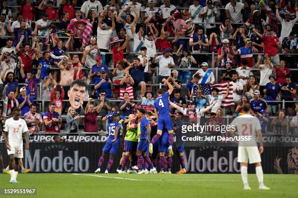 Brandon Vazquez of the United States celebrates with teammates after a goal during the second half of the Quarterfinal match in the 2023 Concacaf...