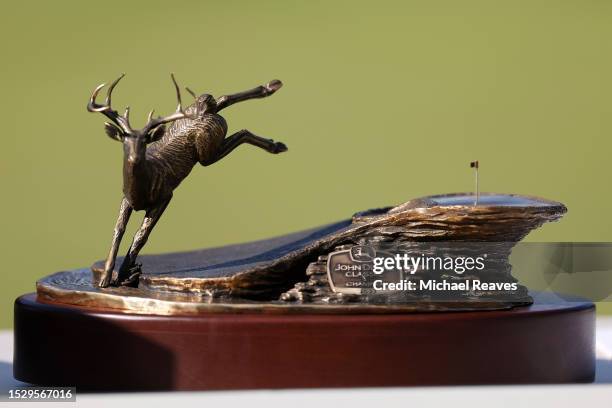 The John Deere Classic trophy is seen during the final round of the John Deere Classic at TPC Deere Run on July 09, 2023 in Silvis, Illinois.