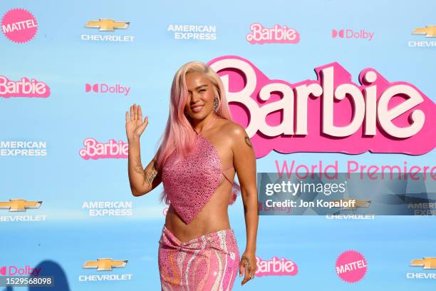 Karol G attends the World Premiere of "Barbie" at the Shrine Auditorium and Expo Hall on July 09, 2023 in Los Angeles, California.