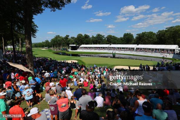 General view of the 18th green during the final round of the John Deere Classic at TPC Deere Run on July 09, 2023 in Silvis, Illinois.