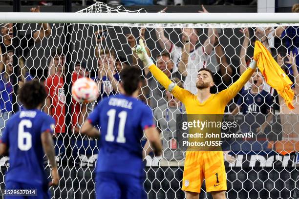 Matt Turner of the United States reacts after a save during the penalty shoot out in the Quarterfinal match in the 2023 Concacaf Gold Cup against...