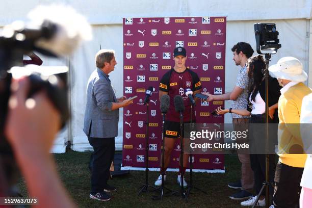 Daly Cherry-Evans speaks to media during a Queensland Maroons State of Origin training session at Sanctuary Cove on July 10, 2023 in Gold Coast,...