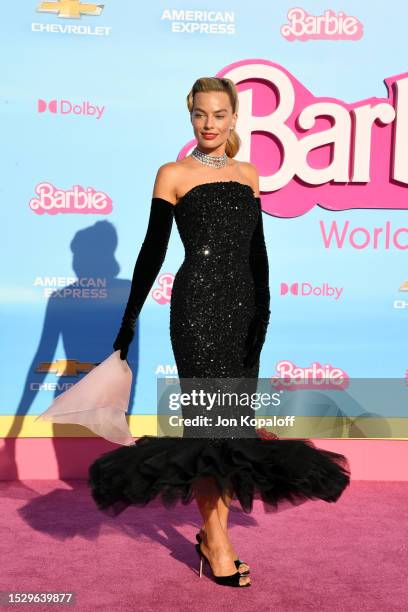 Margot Robbie attends the World Premiere of "Barbie" at the Shrine Auditorium and Expo Hall on July 09, 2023 in Los Angeles, California.