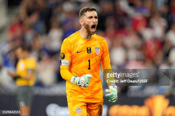 Matt Turner of the United States celebrates after defeating Canada in a penalty shoot out in the Quarterfinal match in the 2023 Concacaf Gold Cup at...