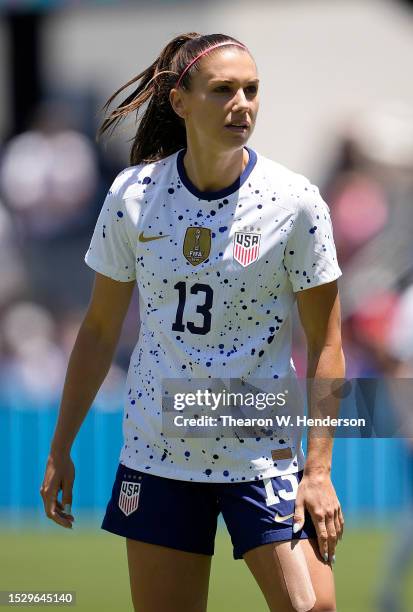 Alex Morgan of the USA Women's National Team looks on against the Wales National Team in the first half of the Send Off Match at PayPal Park on July...