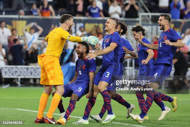 United States players celebrate after defeating Canada in apenalty shoot out in the Quarterfinal match in the 2023 Concacaf Gold Cup at TQL Stadium...