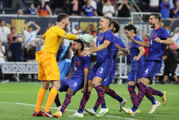 United States players celebrate after defeating Canada in apenalty shoot out in the Quarterfinal match in the 2023 Concacaf Gold Cup at TQL Stadium...