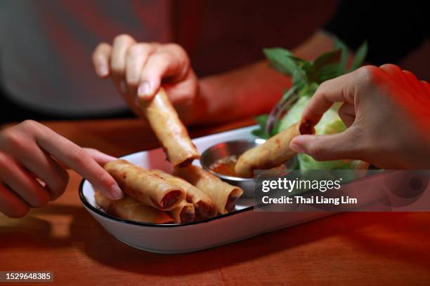 close-up shot of a small group of friends enjoying vietnamese spring rolls with salads - spring roll stock pictures, royalty-free photos & images