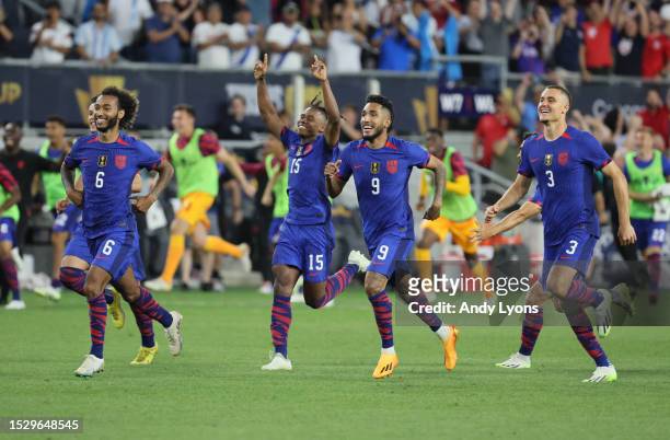 United States players celebrate after defeating Canada in apenalty shoot out in the Quarterfinal match in the 2023 Concacaf Gold Cup at TQL Stadium...