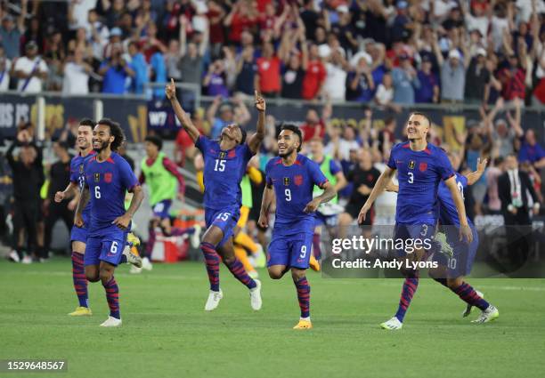 United States players celebrate after defeating Canada in apenalty shoot out in the Quarterfinal match in the 2023 Concacaf Gold Cup at TQL Stadium...