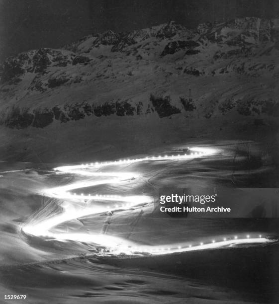 Winter Olympics, Grenoble. A floodlit view of the Bobsleigh run at Chamrousse. Mandatory Credit: Allsport Hulton/Archive