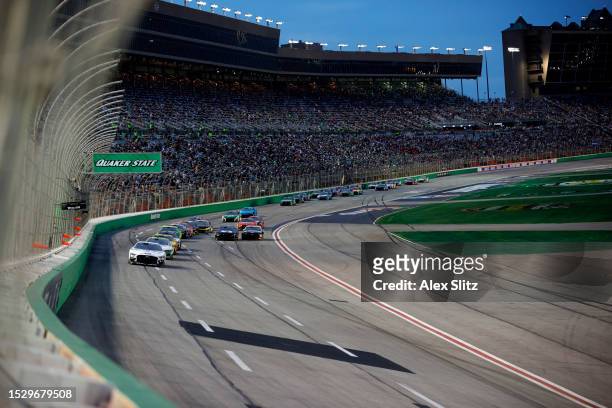 General view of racing during the NASCAR Cup Series Quaker State 400 Available at Walmart at Atlanta Motor Speedway on July 09, 2023 in Hampton,...